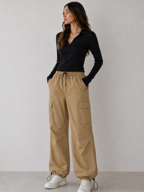 Commense Pants - Commense NWT Khaki Cotton Wide Leg Parachute Pants Utility Cargo Size Small